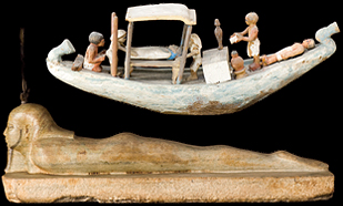 上：埋葬船の模型／下：復活するオシリス神の像