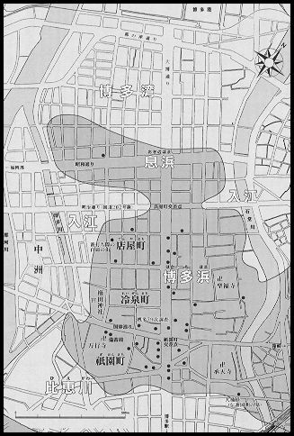 12～13世紀の博多（推定図）　図中の黒丸は中国風瓦の出土地点