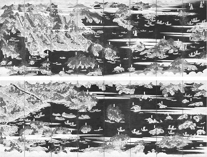 ６．塩竈・松島図屏風（上＝右隻、下＝左隻）