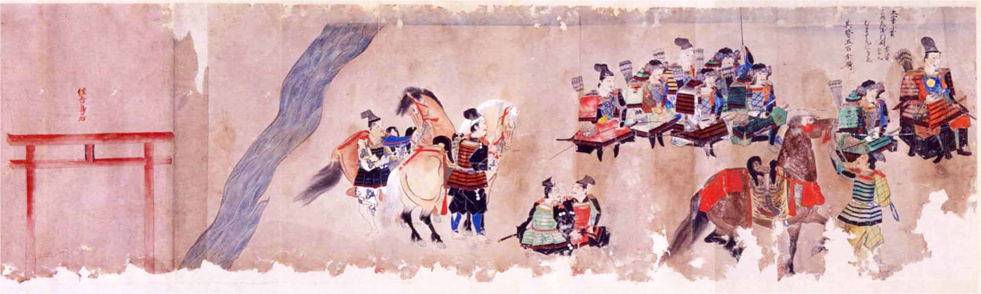 図4 博多息浜の砂丘に陣取る武藤景資主従と、川のほとりの住吉神社の鳥居（史料2）