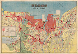 空襲を受けた場所が色分けされた「福岡市地図」（昭和21・1946年）