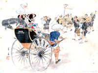 (写真５) ちゃんぽんを持った人力車上の舞妓と幕出しの様子　 祝部至善画「明治博多風俗図」