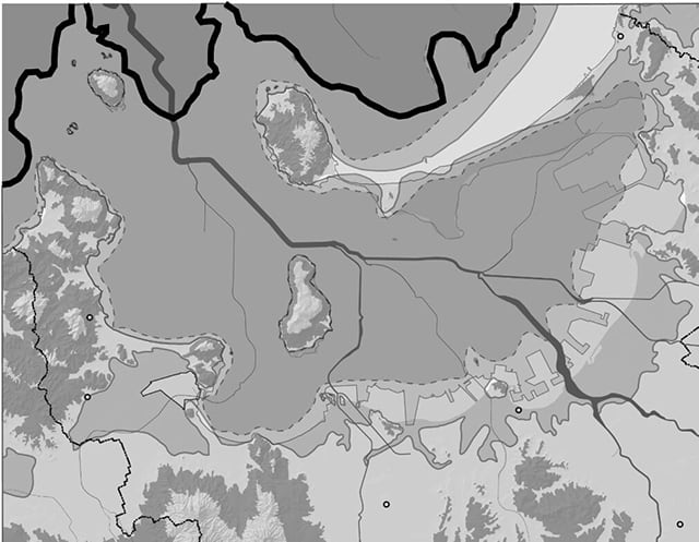 9,000年前頃の推定海岸線（太線）