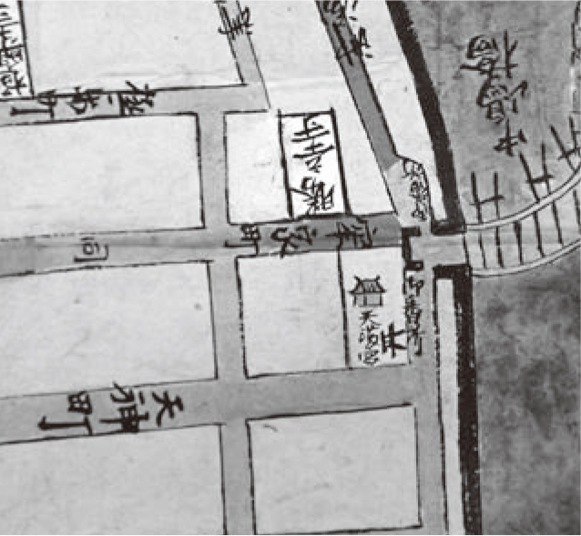 図３　筑前両市中図（19世紀）より天満宮（水鏡神社）と天神町