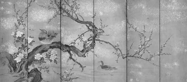 梅牡丹鴛鴦図屏風